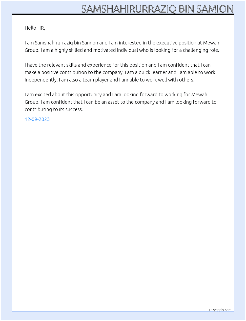 Executive At Mewah Group Cover Letter