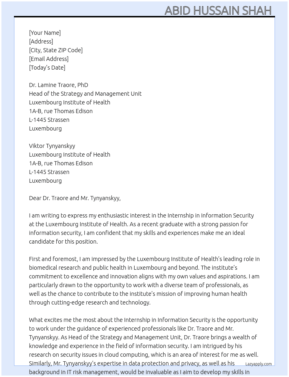 Internship in information security  At Luxembourg institute of health  Cover Letter