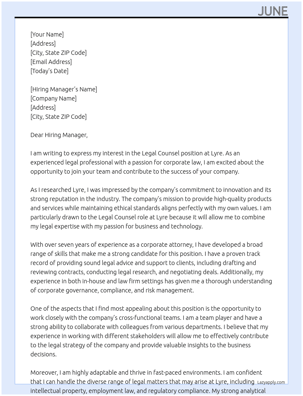 Legal Counsel At Lyre Cover Letter