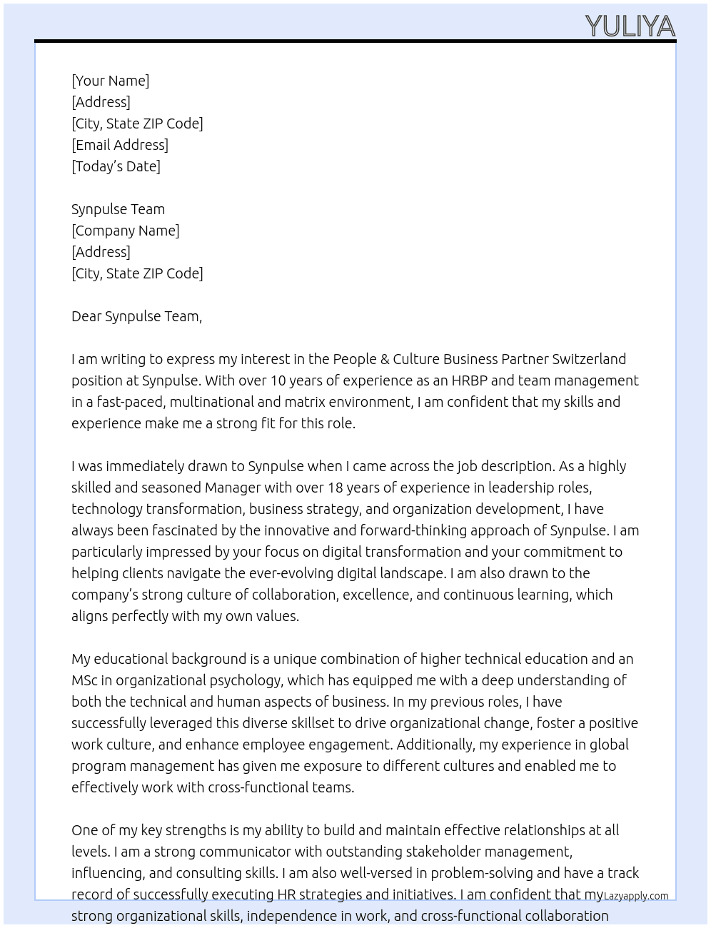 People & Culture Business Partner Switzerland At Synpulse Cover Letter
