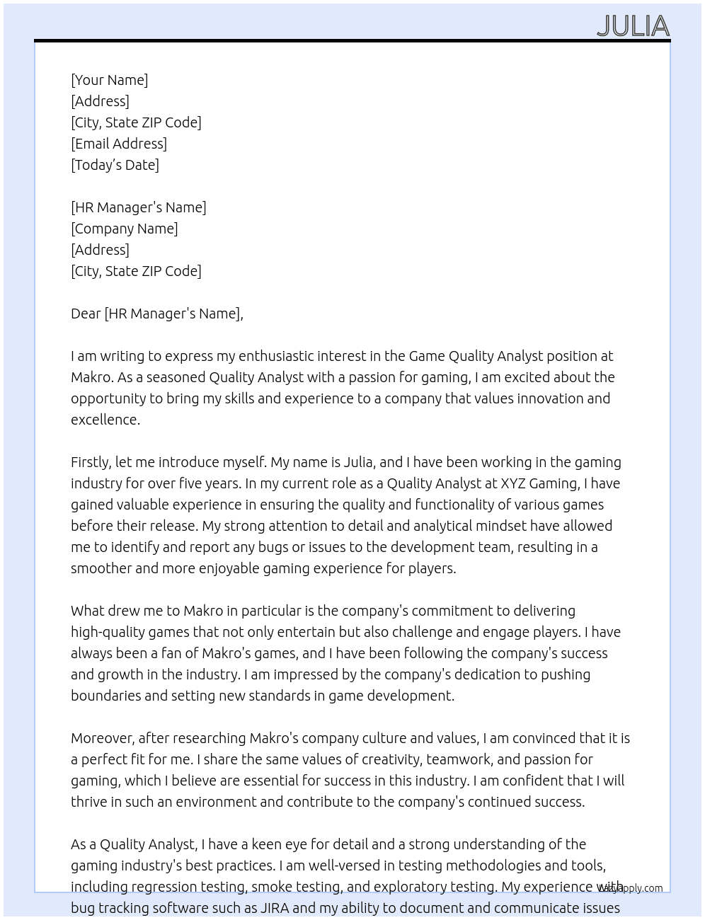 Game Quality Analyst At Makro Cover Letter