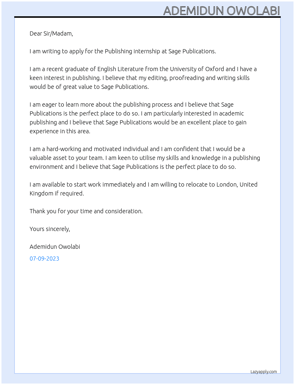 Publishing internship At Sage Publications Cover Letter