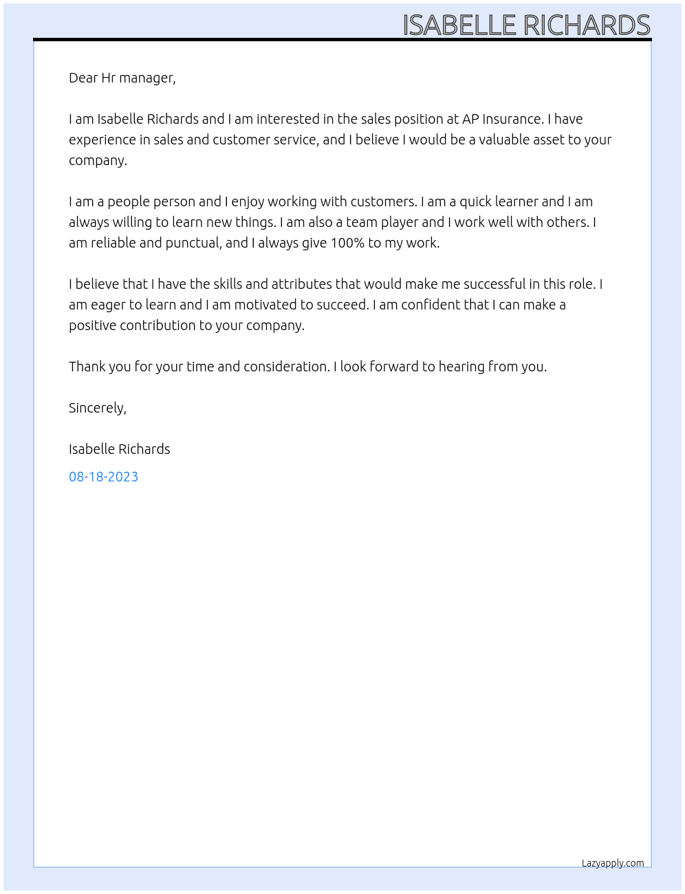 sales  At AP Insurance Cover Letter