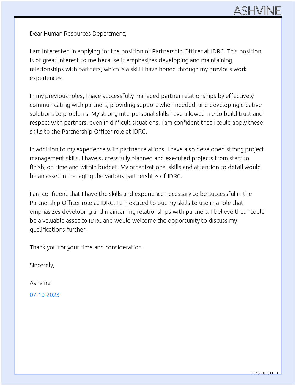Partnership Officer At IDRC Cover Letter