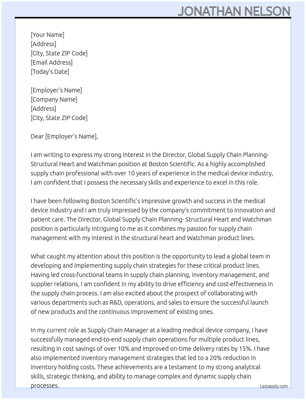 Director, Global Supply Chain Planning- Structural Heart and Watchman At Boston Scientific Cover Letter