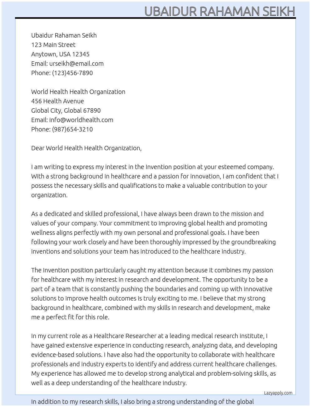 invention At world health health organizatio Cover Letter