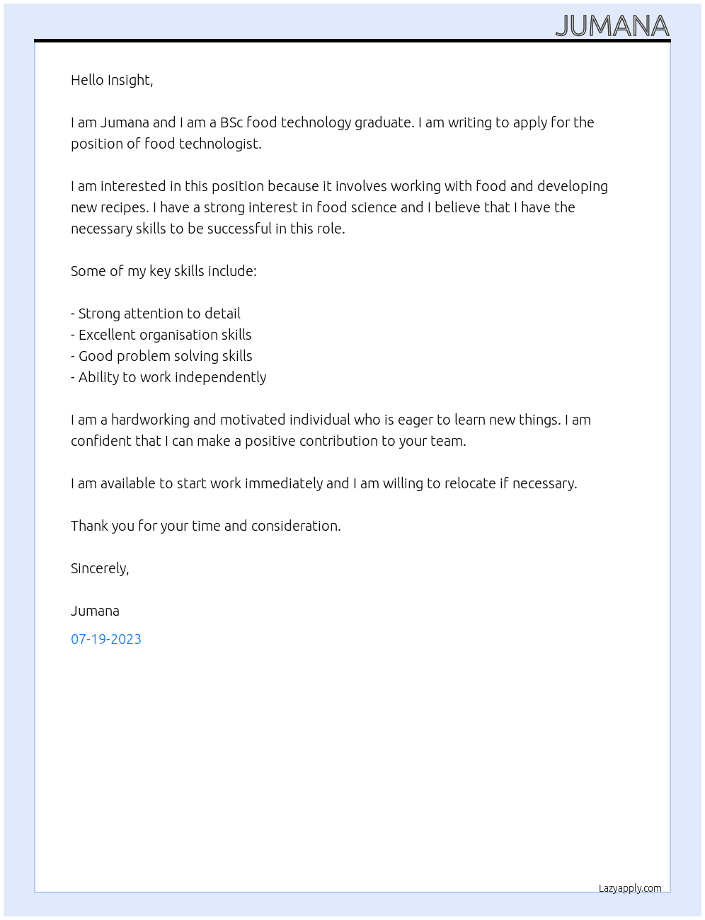 Food technologist  At Insight  Cover Letter