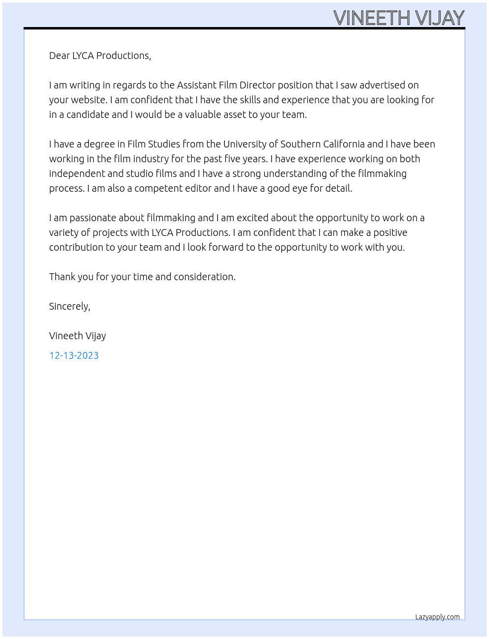 ASSISTANT FILM DIRECTOR At LYCA PRODUCTIONS Cover Letter