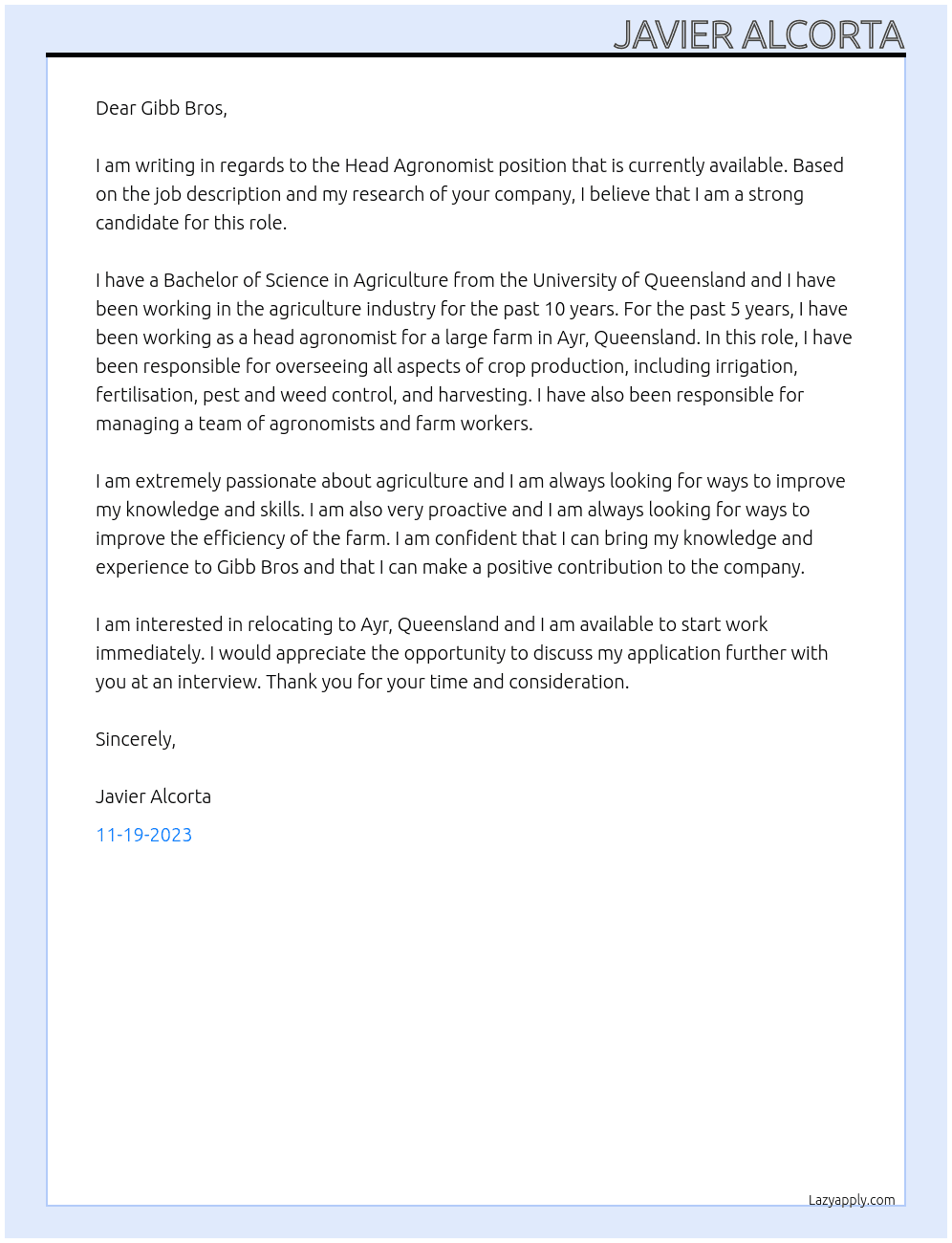 Head Agronomist At gibb bros Cover Letter