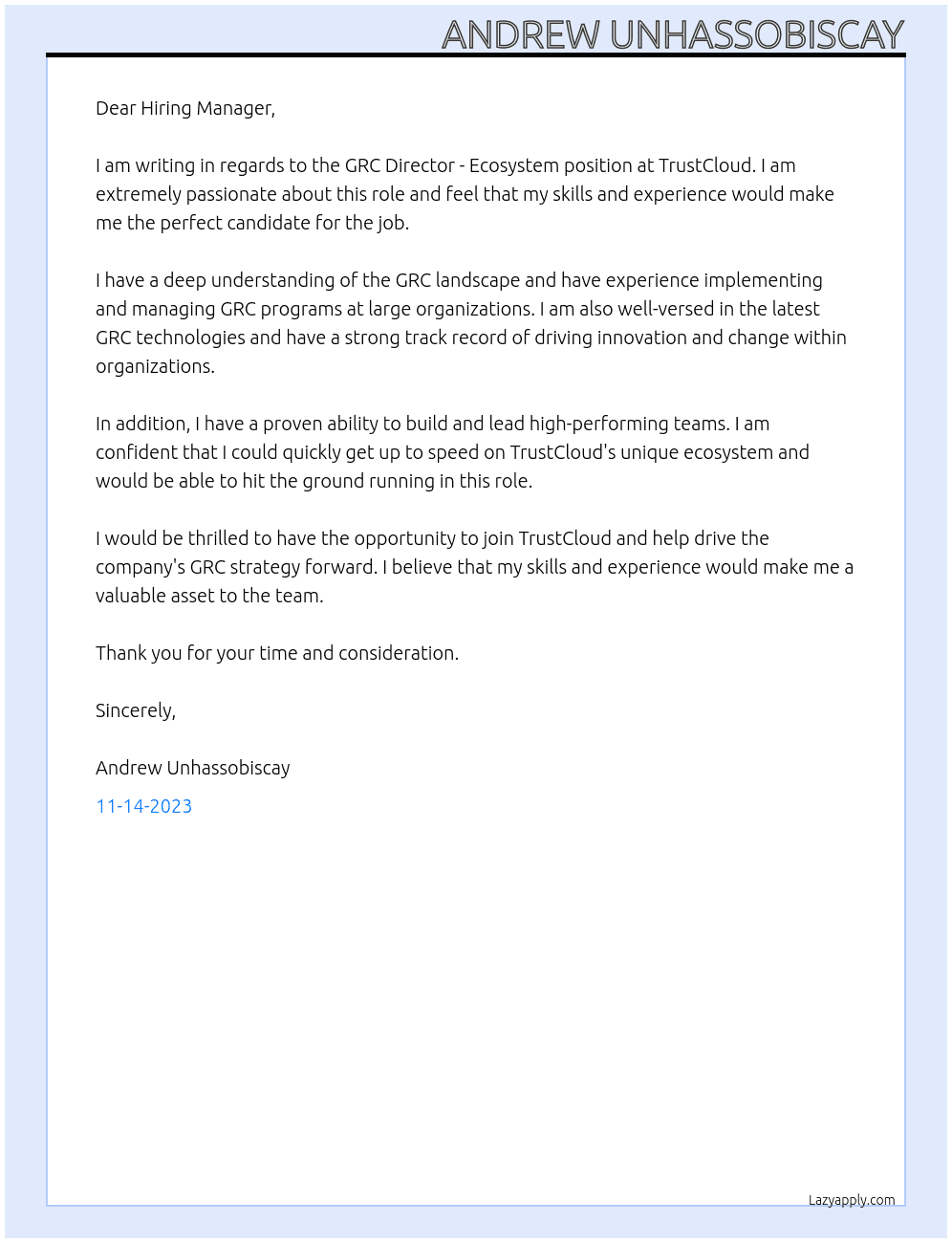 GRC Director - Ecosystem At TrustCloud Cover Letter
