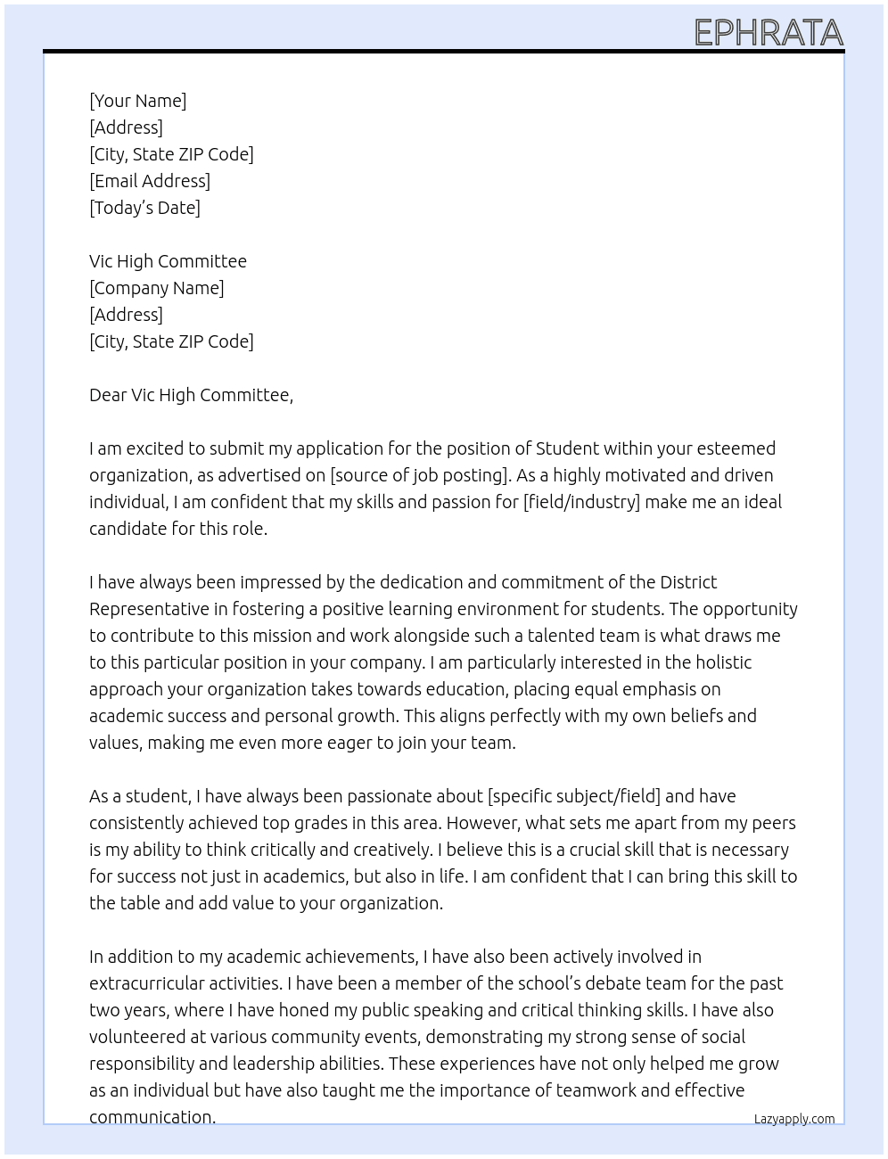 STUDENT At district representative Cover Letter