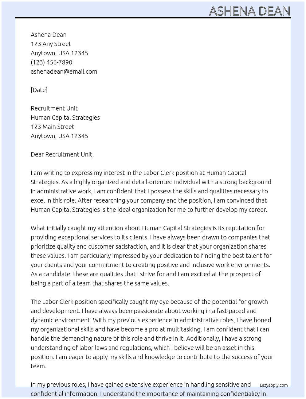 Labor clerk At Human Capital Strategies  Cover Letter