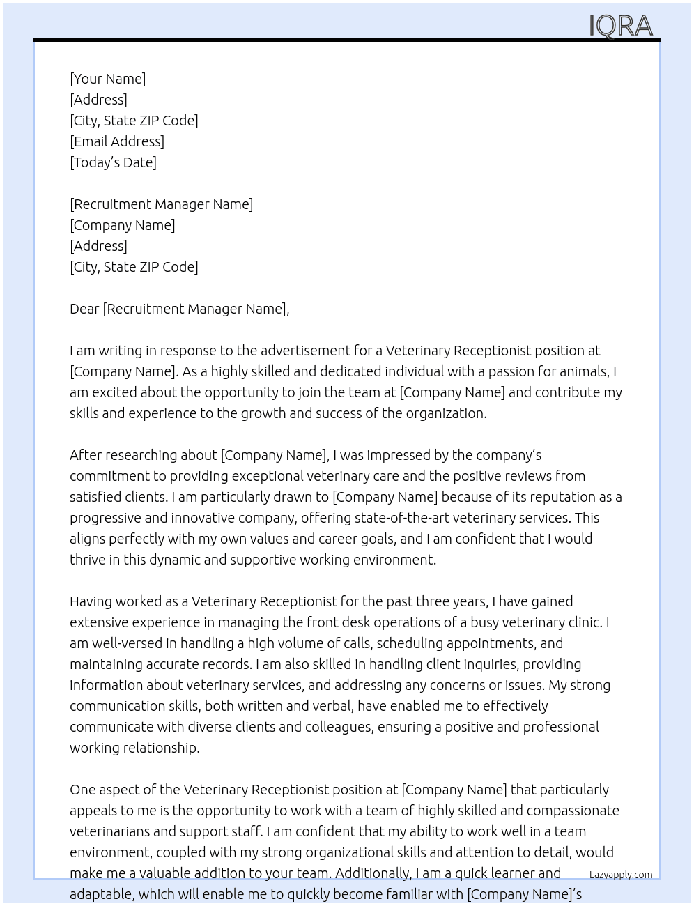 Veterinary receptionist  At IVC evidensia Cover Letter