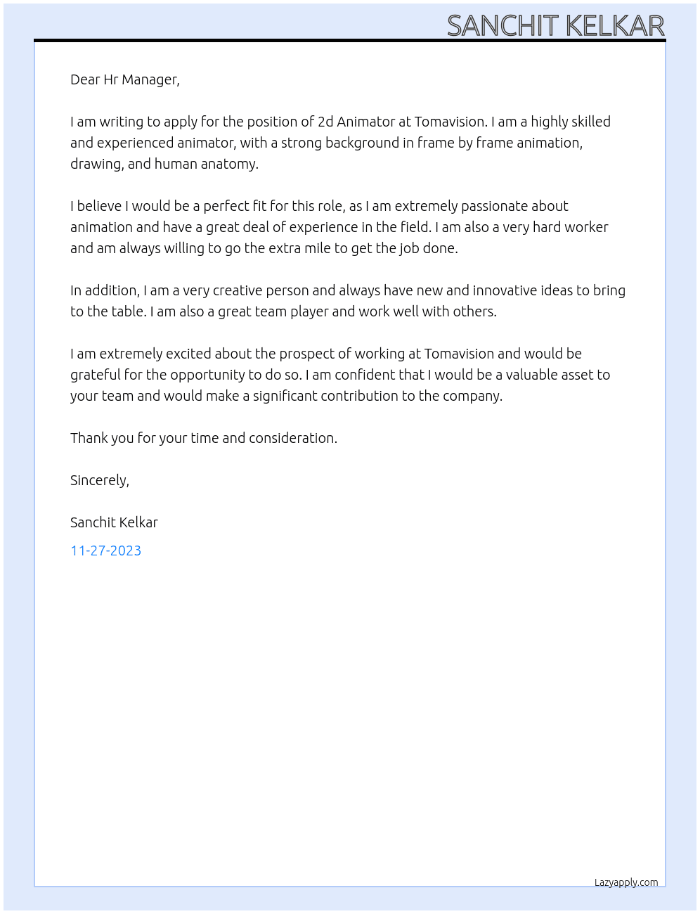 2d Animator At Tomavision Cover Letter