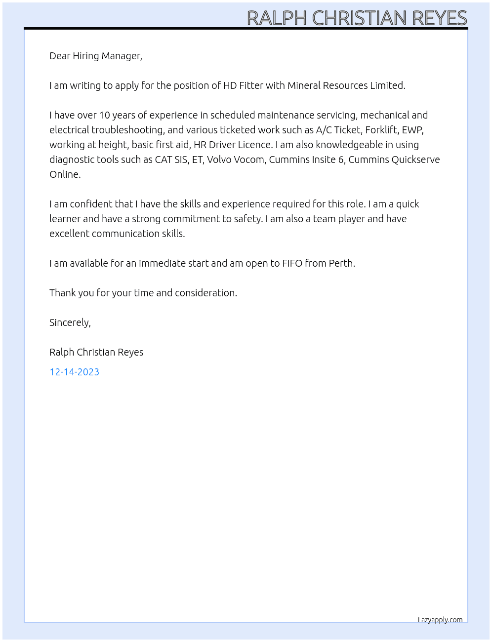 HD Fitter At Mineral Resources Limited Cover Letter