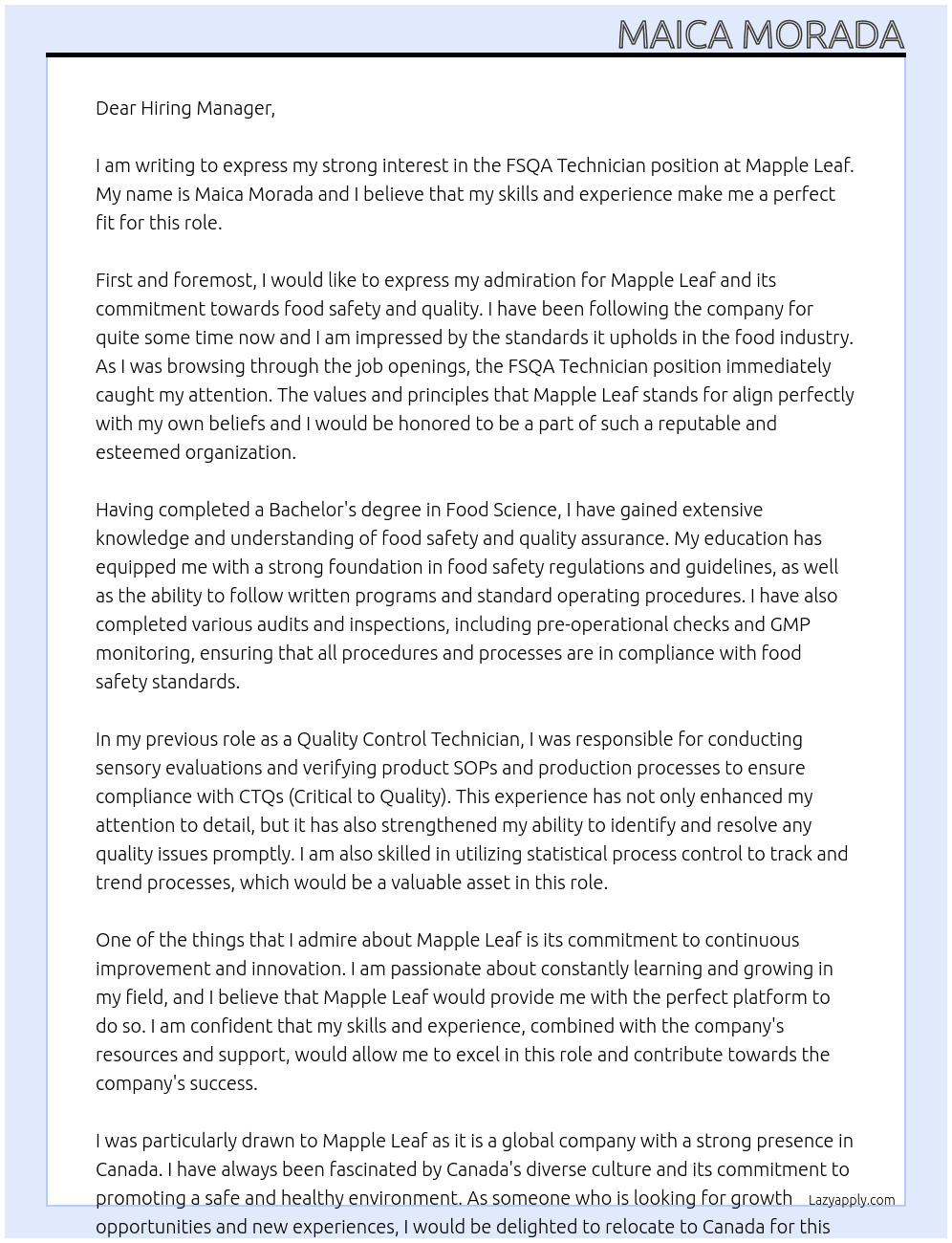 FSQA Technician At Mapple Leaf Cover Letter