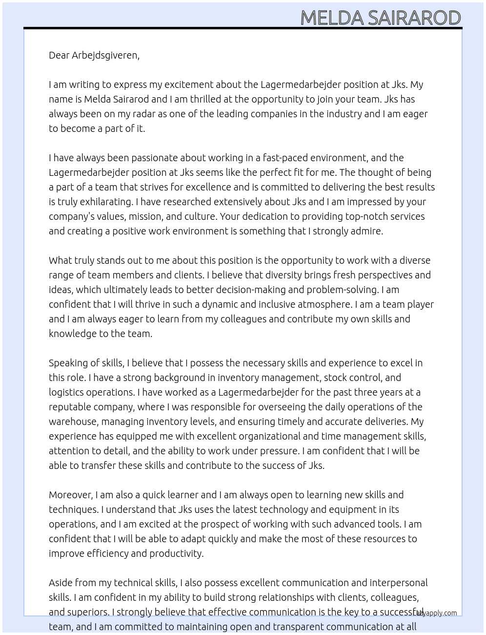Lagermedarbejder At Jks Cover Letter