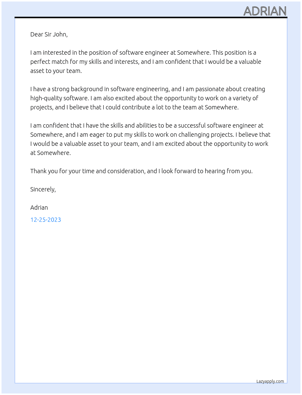 Software engineer  At somewhere Cover Letter