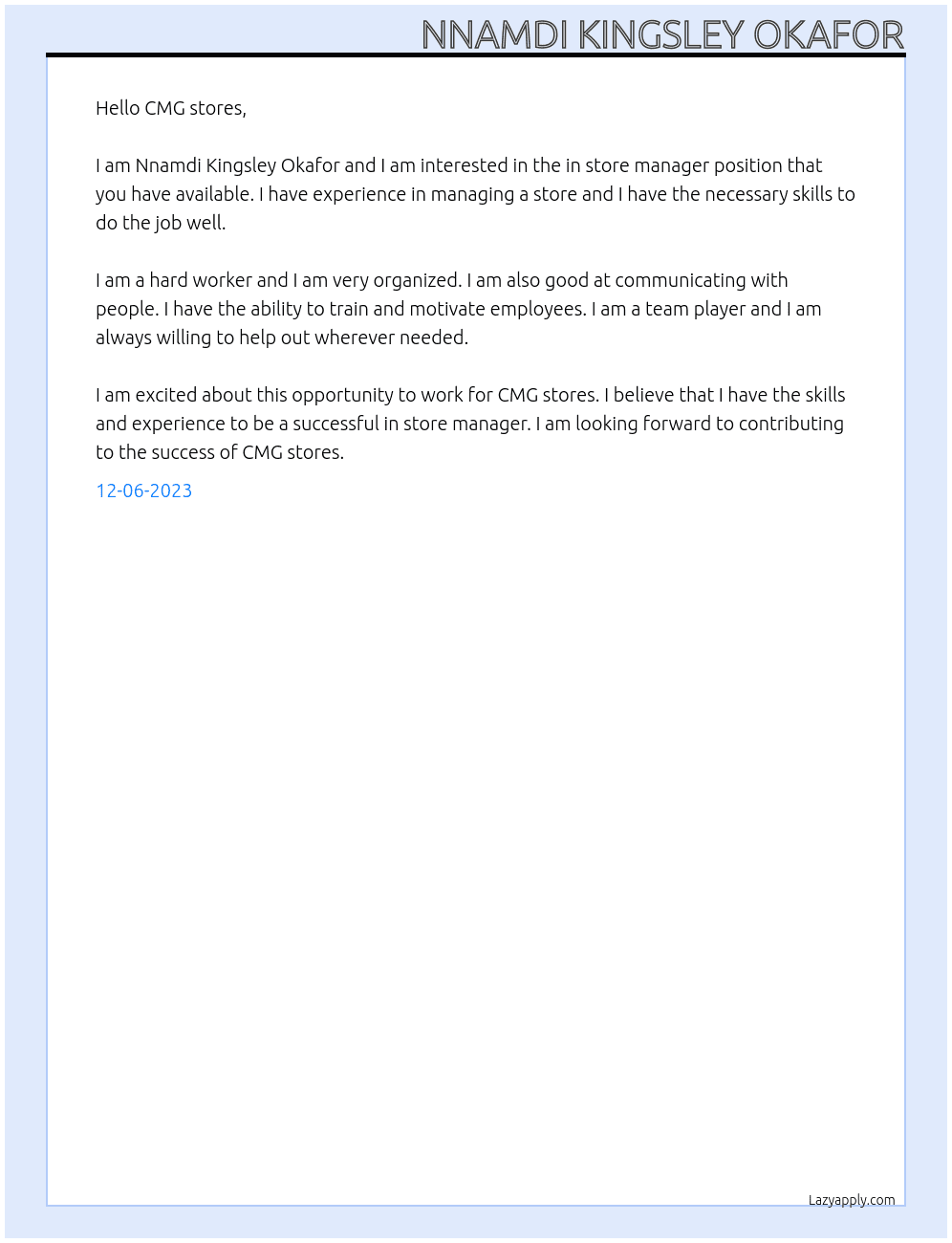 In store manager At CMG Cover Letter