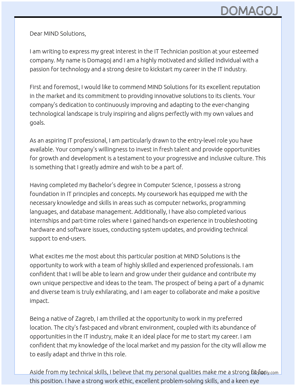 IT Technician At MIND Solutions Cover Letter