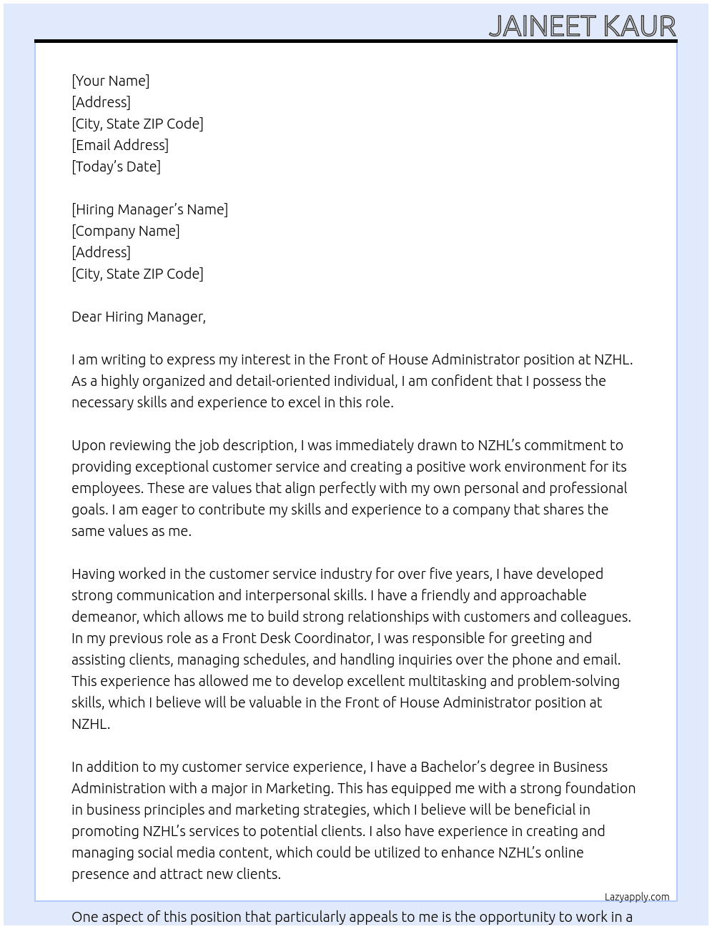 Front of House Administrator At NZHL Cover Letter