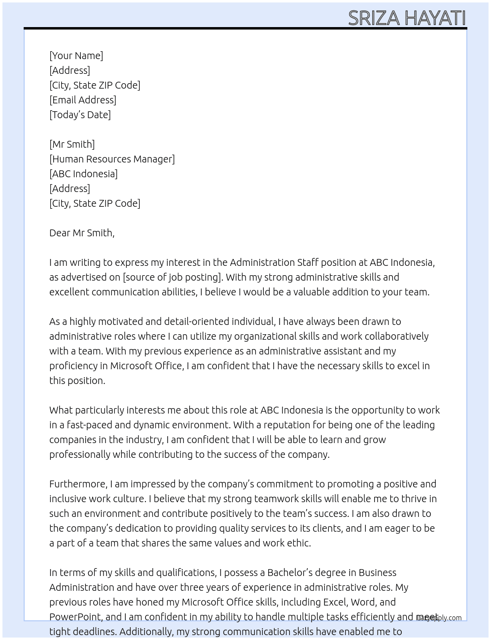 Administration Staff At Abc Indonesia  Cover Letter