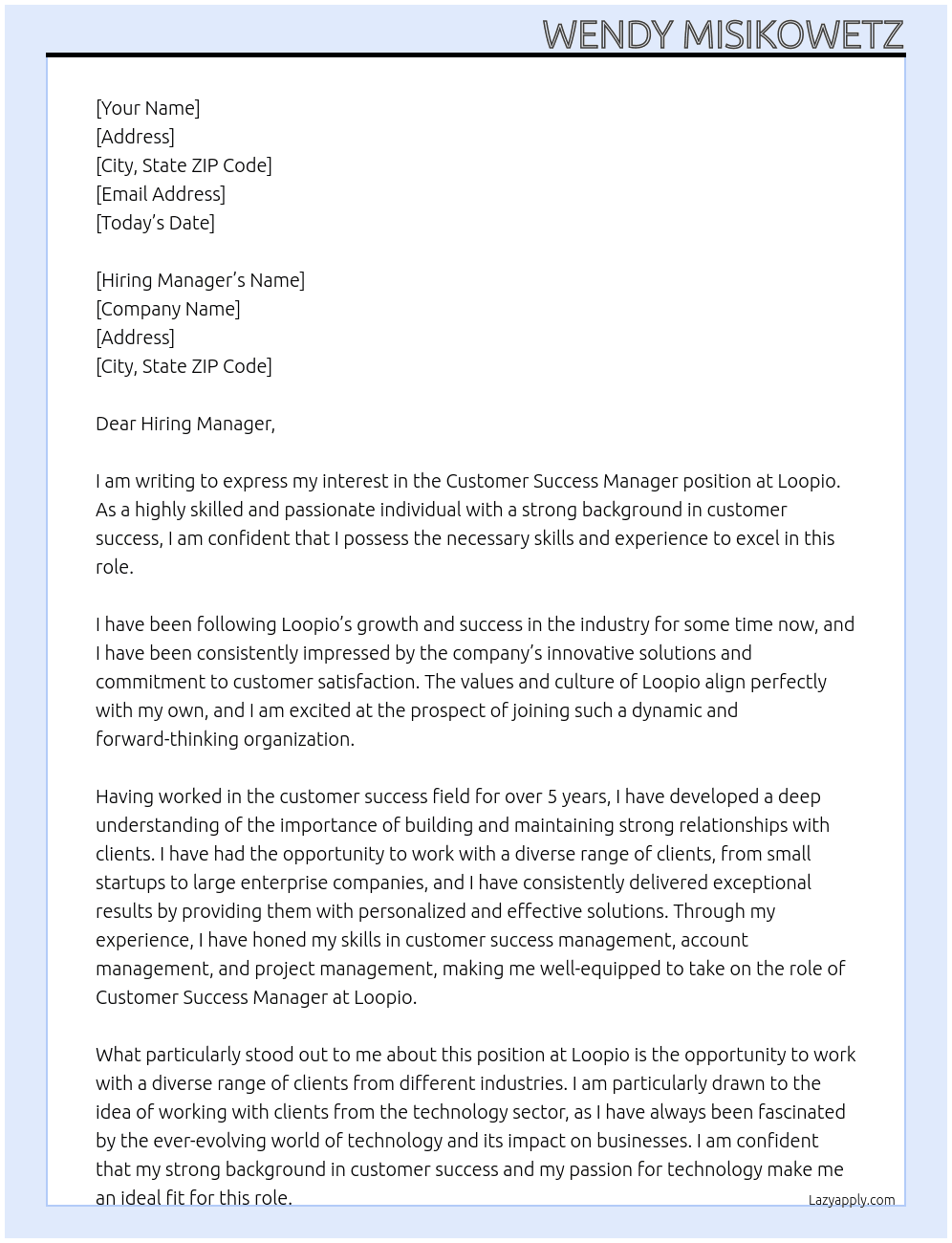 Customer Success Manager At Loopio Cover Letter