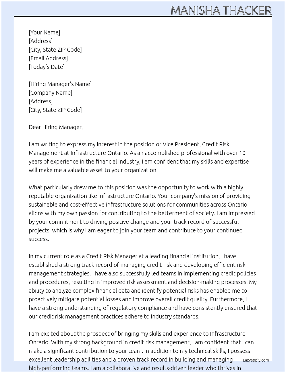 Vice President, Credit Risk Management At Infrastructure Ontario Cover Letter