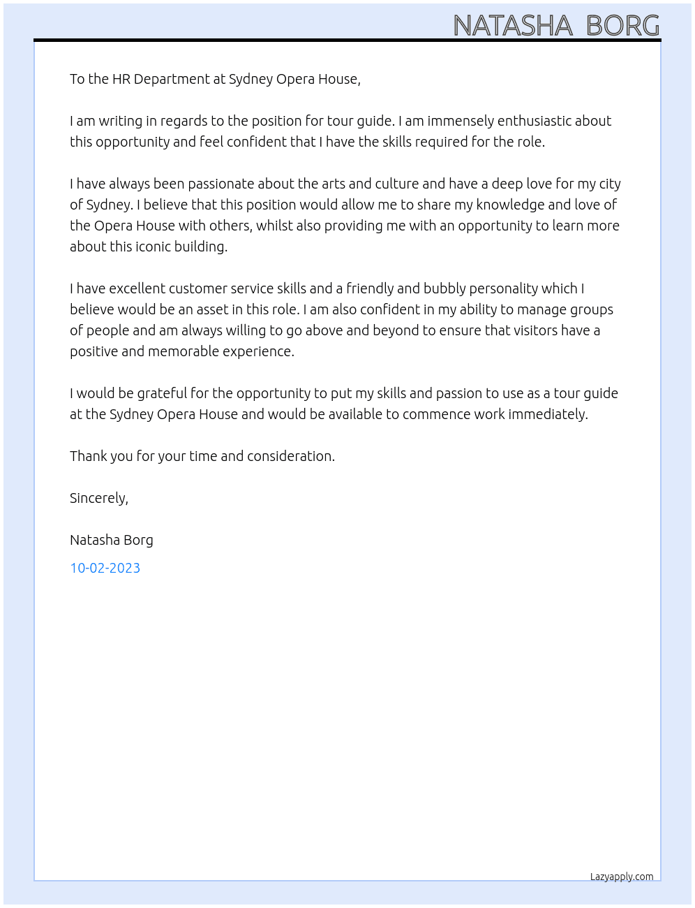 Tour guide At Sydney Oper aHouse Cover Letter