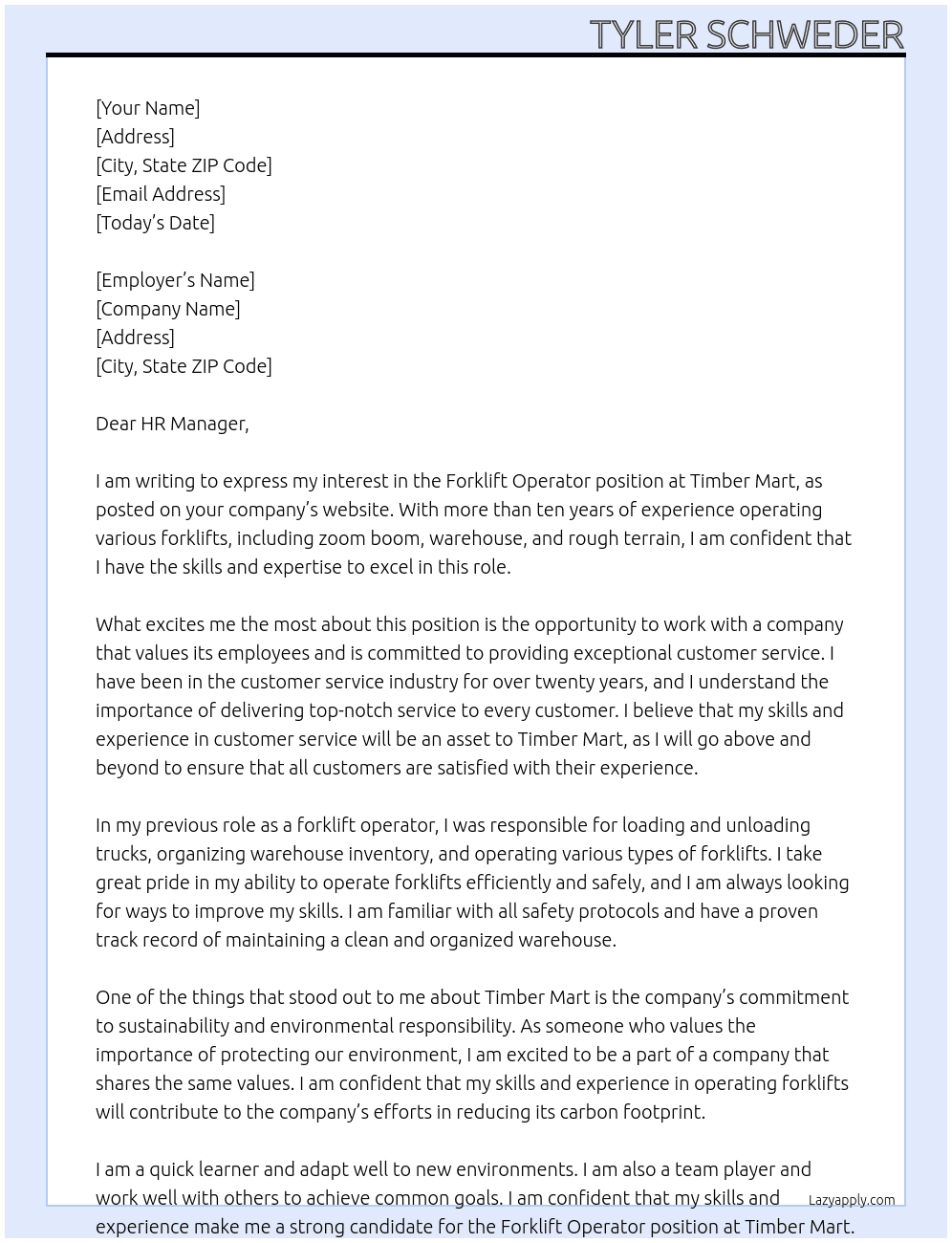 forklift operator At timber mart Cover Letter
