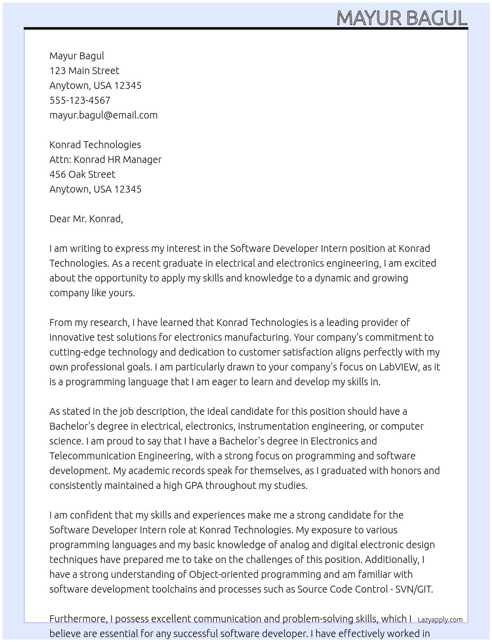 Software Developer Intern - LabVIEW At Konrad Technologies Cover Letter