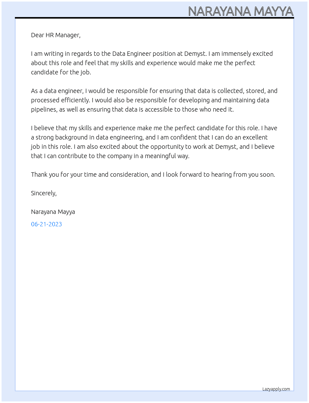 Data engineer At demyst Cover Letter