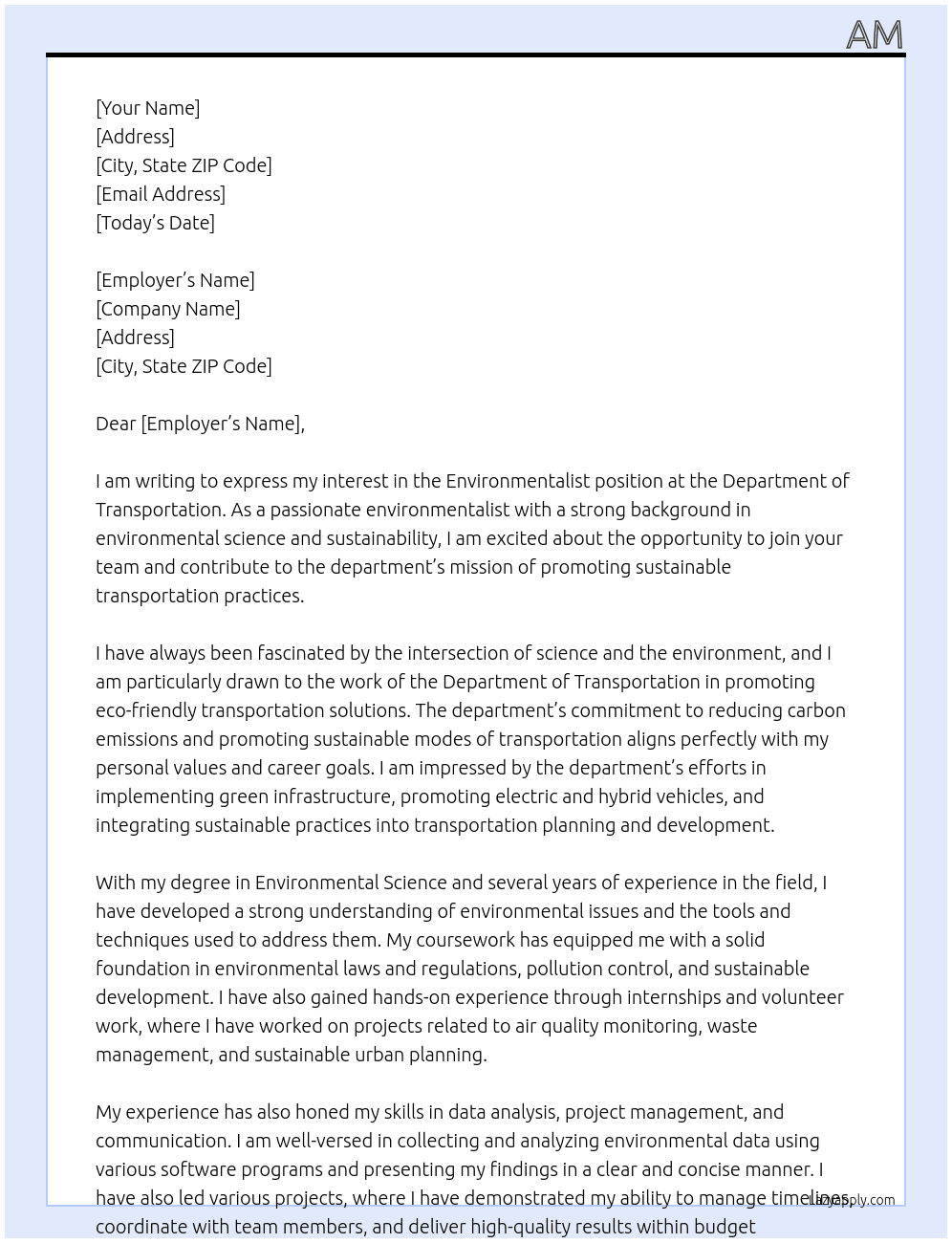 Environmentalist At Dept of transportation Cover Letter
