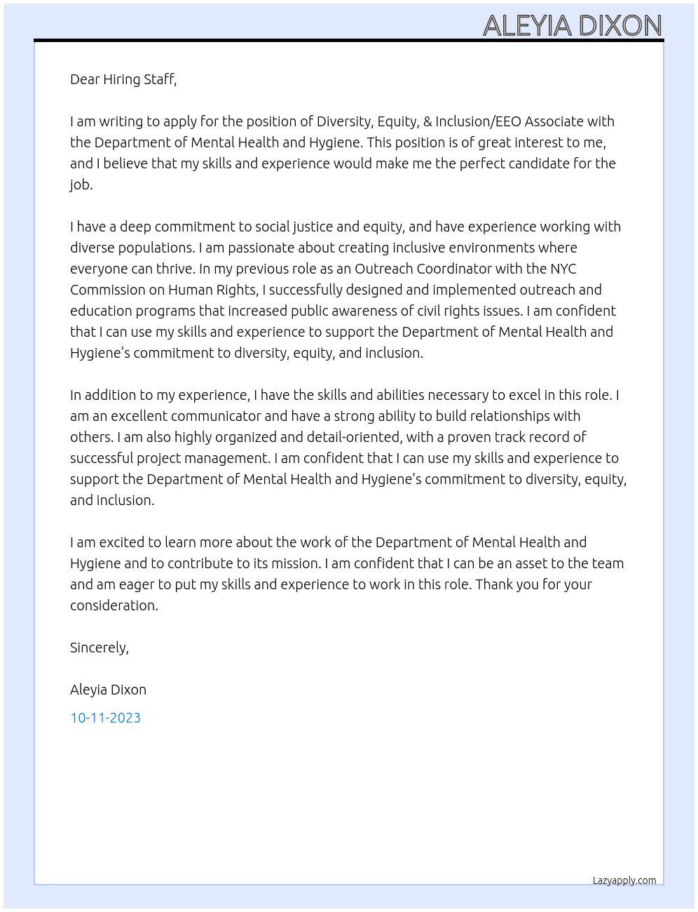 Diversity, Equity, & Inclusion/EEO Associate At Department of Mental Health and Hygiene Cover Letter