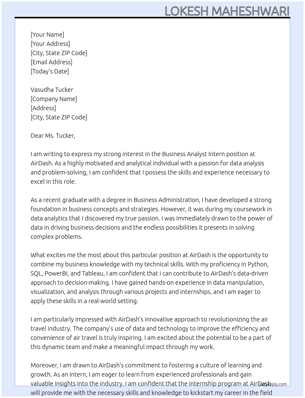 Business Analyst Intern At AirDash Cover Letter