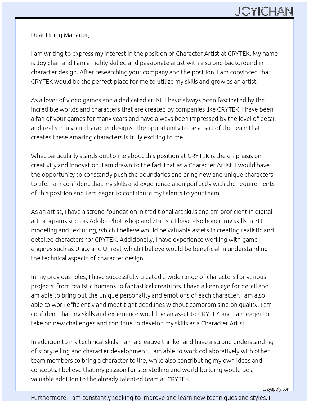 Character Artist At CRYTEK Cover Letter