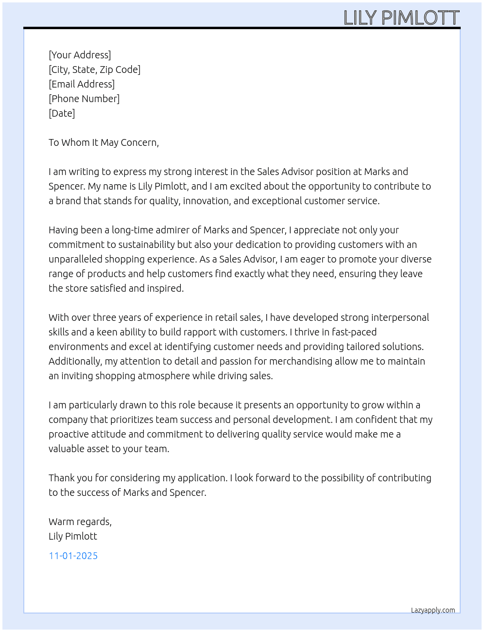 Sales Advisor At Marks and Spencers  Cover Letter