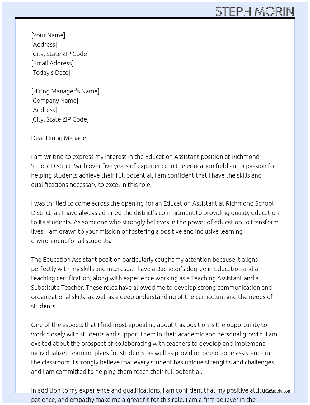 Education Assistant At Richmond School District Cover Letter