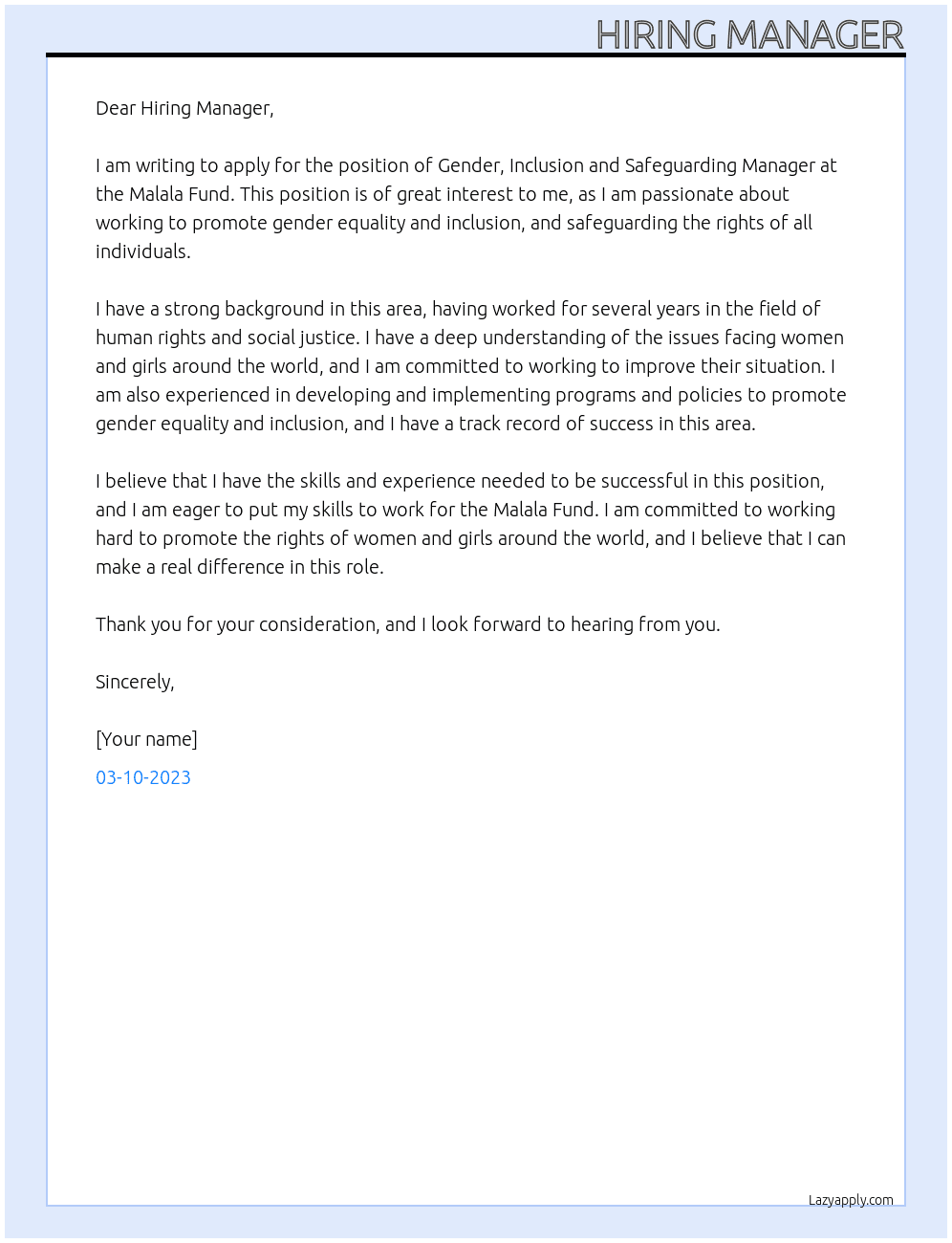 Gender, Inclusion and Safeguarding Manager At Malala Fund Cover Letter