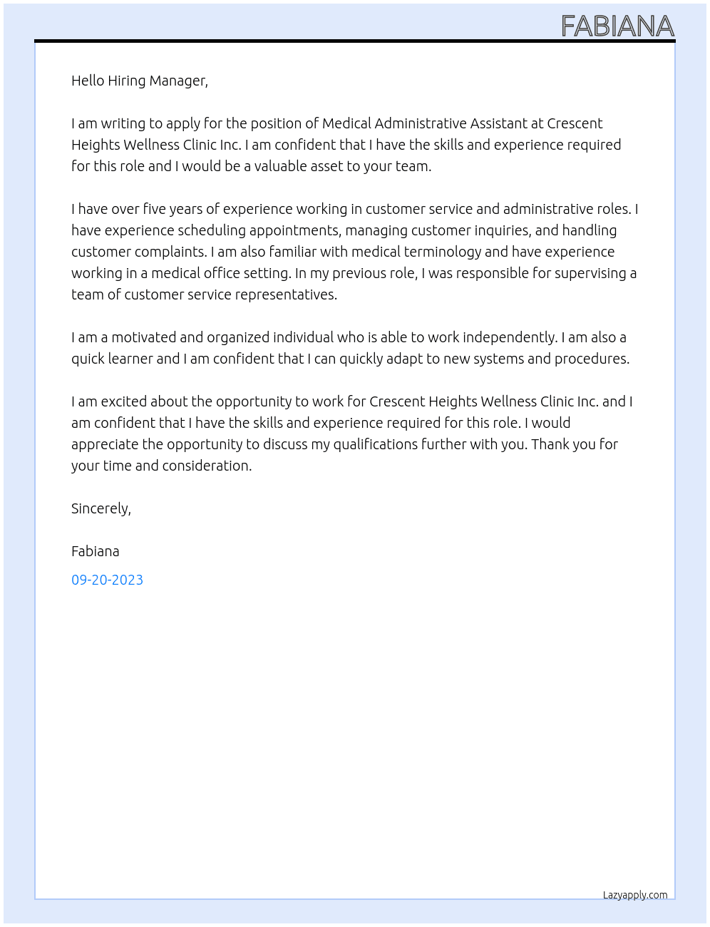 Medical administrative assistant At Crescent Heights Wellness Clinic Inc Cover Letter