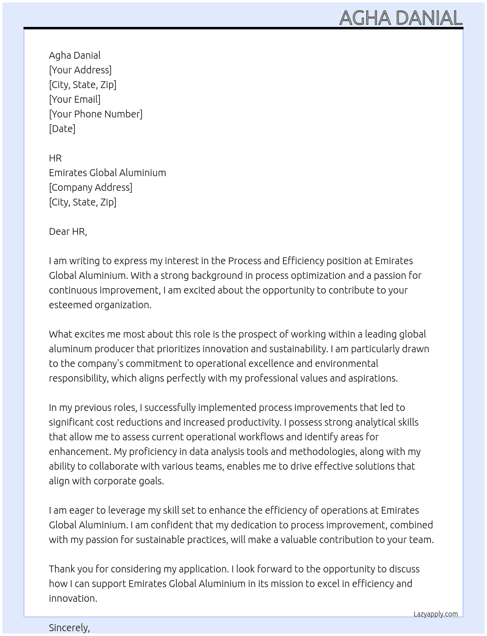 process and efficiency  At emirates global aluminium Cover Letter