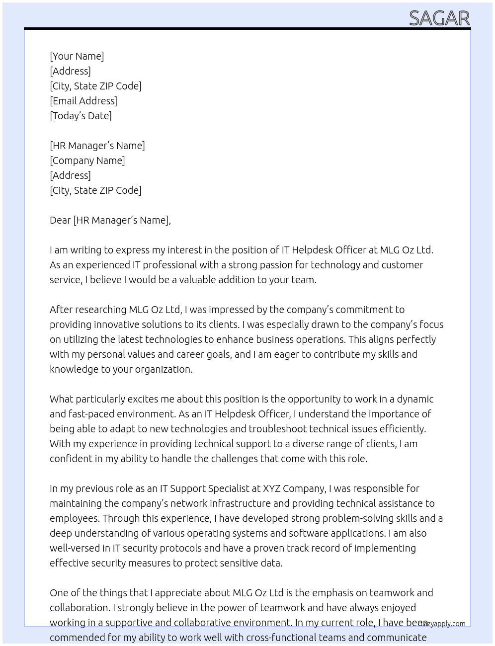 IT Helpdesk Officer At MLG Oz Ltd Cover Letter