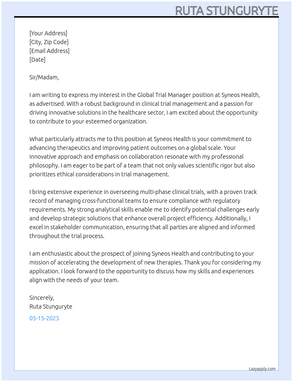 Global trial manager At Syneos Health Cover Letter