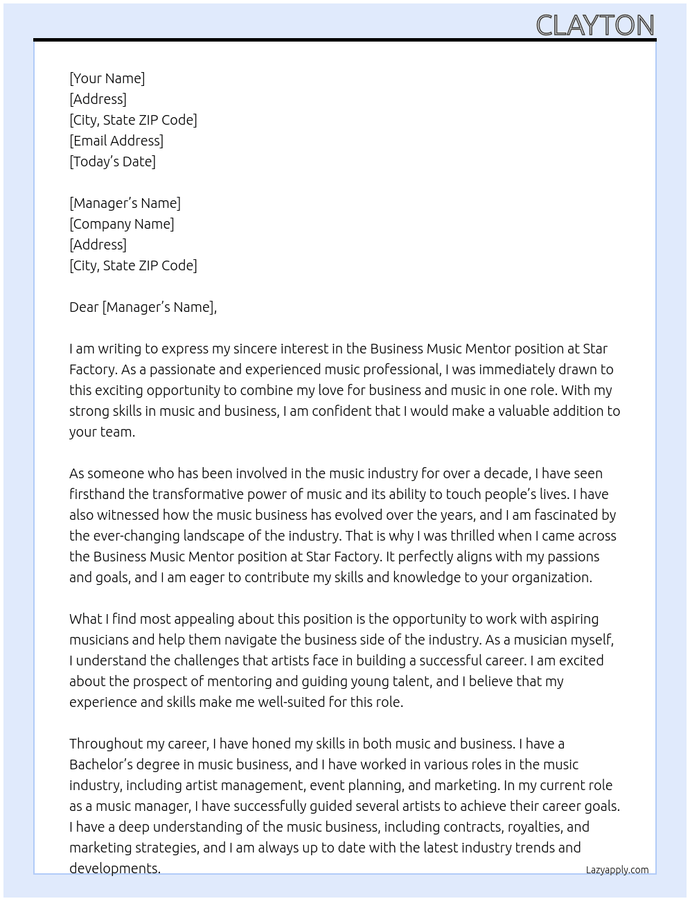 Business Music Mentor At Star Factory Cover Letter