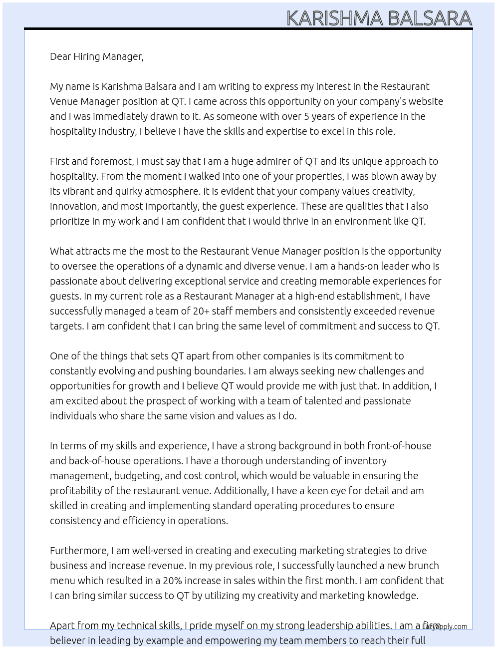 Restaurant venue manager  At QT Cover Letter