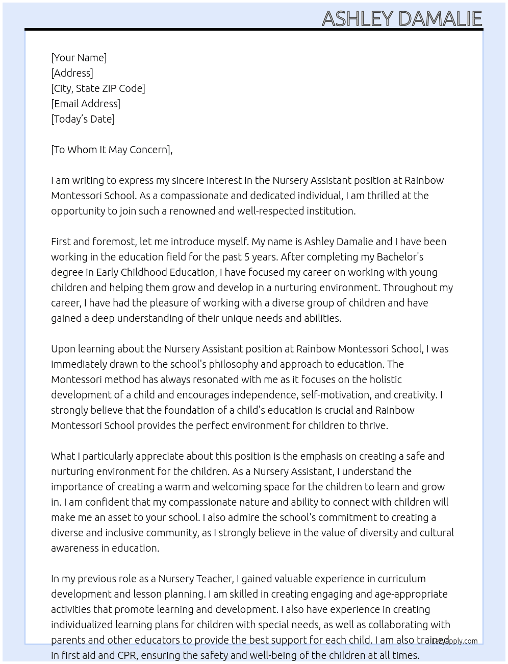Nursery assistant  At Rainbow Montessori school Cover Letter