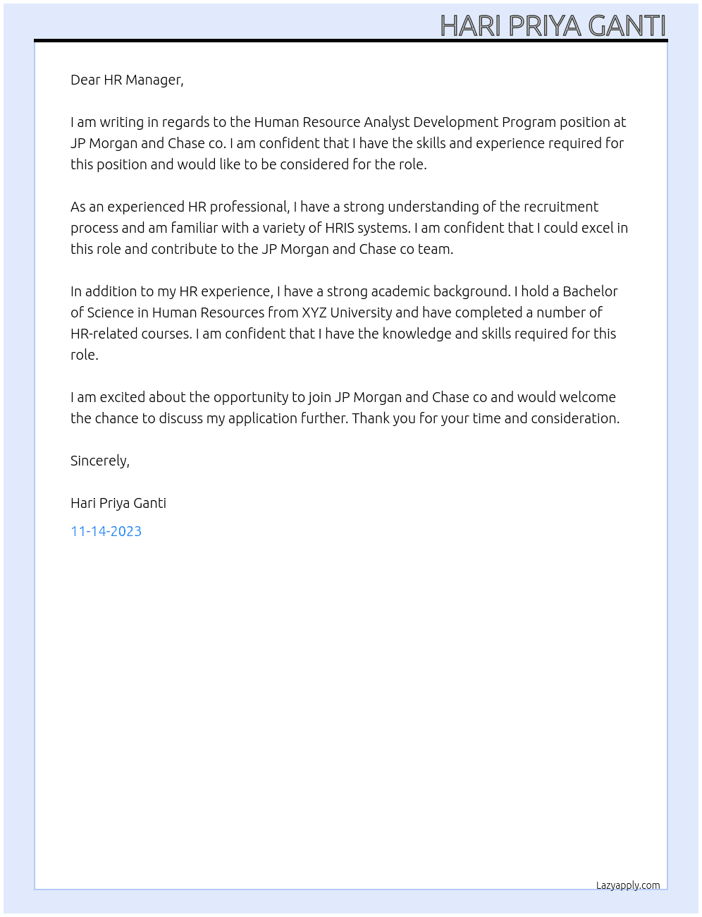 Human Resource Analyst Development Program At JP Morgan and Chase co Cover Letter