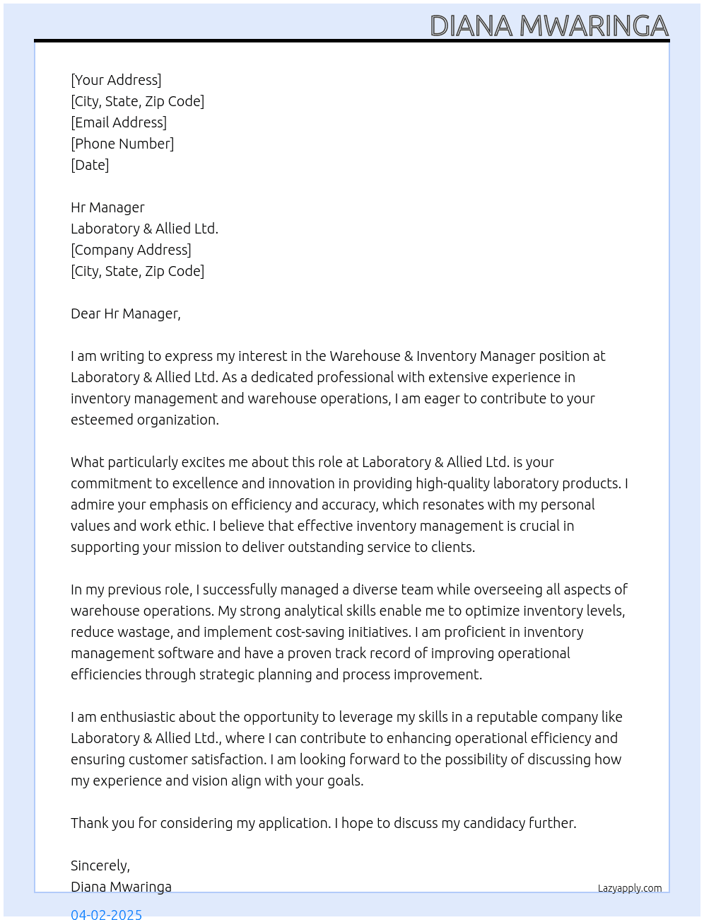 Cover letter for warehouse & inventory manager - LazyApply