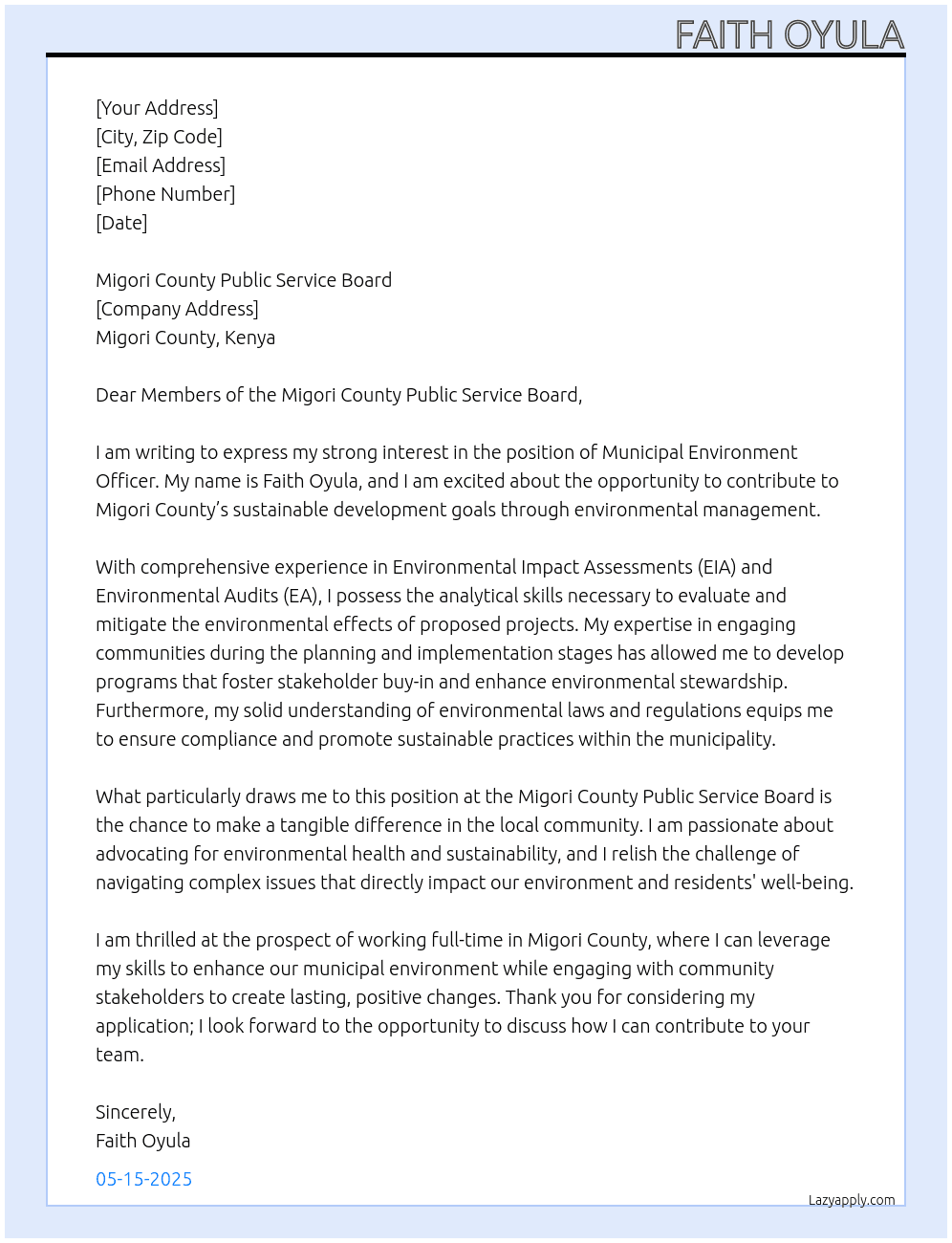 Municipal Environment Officer At Migori county public service board Cover Letter
