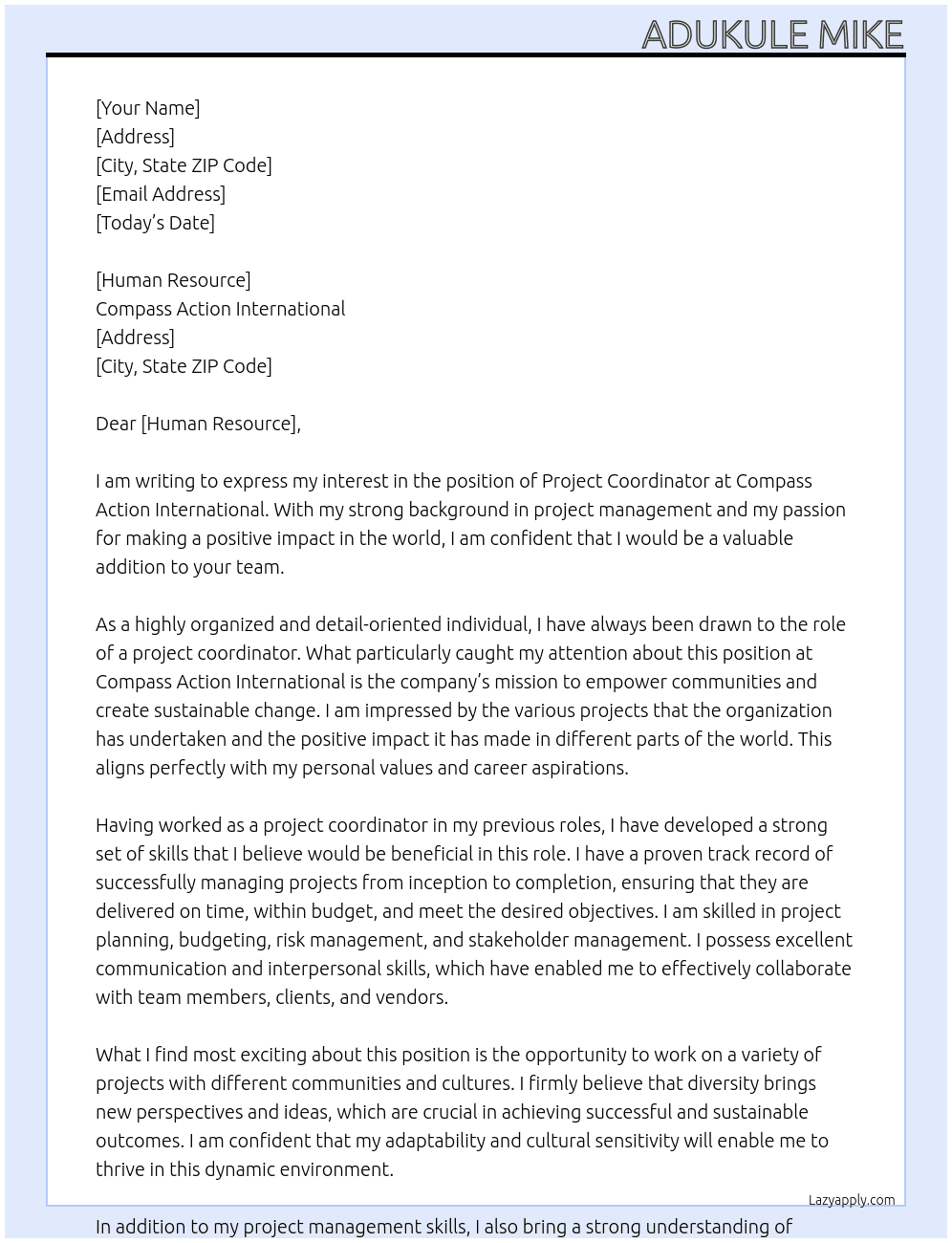 project cordinator At Compass Action International Cover Letter